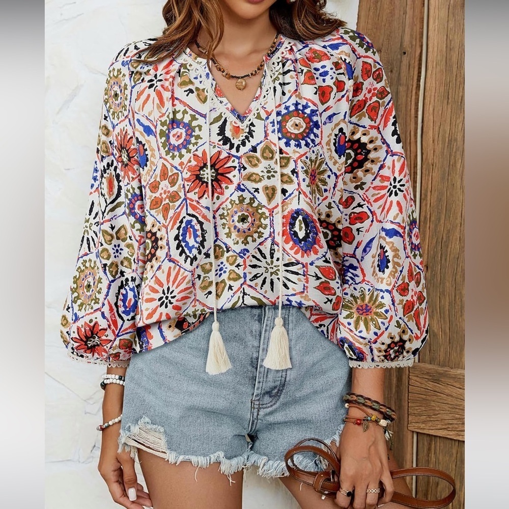 Boho Floral Print Peasant Blouse | Tassel Tie Bohemian Top